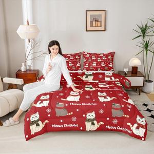 Erosebridal Рождественский комплект постельного белья с милыми котиками, красный и белый со снежинками, Red and White