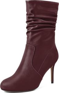 Женские ботильоны Soireelady с высоким каблуком, свободным верхом, круглым носком и шпилькой, молния сбоку, средней высоты, удобные нарядные ботинки на каблуке 3,5 дюйма, Matte Burgundy