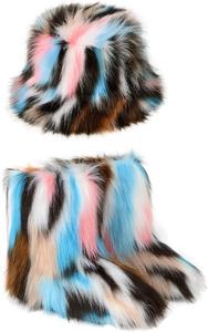 Женские зимние сапоги YESBOR с искусственным мехом, теплые пушистые шапка-ведро и радужная рыбацкая кепка, Blue/Pink/Black