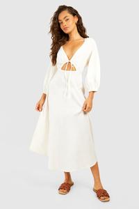 Льняное платье мидакси с завязками спереди и пышными рукавами boohoo, бежевый