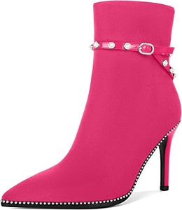 Женские ботильоны SAMMITOP, короткие сапожки с заостренным носком, стойка-кубита на высоком каблуке, модные туфли с бусинами, жемчужной пряжкой, для платья, каблук 4 дюйма