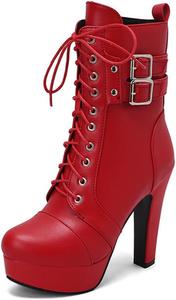 Женские ботильоны на платформе с круглым носком, боковой молнией, двойной пряжкой, модные короткие ботинки, ботильоны на шнуровке JMdfcqer, Red