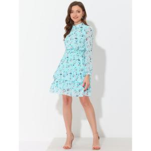 Женское шифоновое платье с цветочным воротником-стойкой, многоуровневым рюшом и подолом с длинными рукавами ALLEGRA K, светло-синий