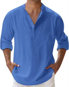 Мужская льняная рубашка henley с длинным рукавом