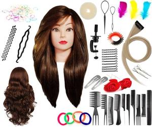 Набор тренировочных головок Алинка 80 Коричневый, смешанные волосы 60% + 80 аксессуаров + ручка, парикмахерская насадка для расчесывания, насадка для упражнений, Calissimo