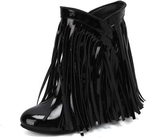 Женские ботильоны с кисточками, на скрытом каблуке, с круглым носком, из лакированной кожи, модные, винтажные, с бахромой, вестерн, ковбойские, женские, до щиколотки Generic, Black