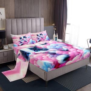 Erosebridal Комплект постельного белья Kids Cat с милыми котиками и облаками в розово-голубых тонах, Pink Blue