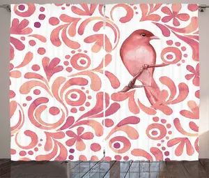 Штора ABAKUHAUS в стиле акварель, милая птичка на ветке, универсальная, для гостиной, с петлями и крючками, 280 x 225 см, цвет: засушенная роза, белый, кораллово-красный Abakuhaus