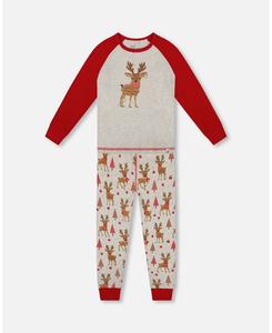 Детская хлопковая пижама из двух частей, бежевого цвета, с принтом оленей - для малышей и детей Deux par Deux, Beige girly reindeer print