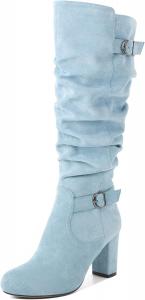 Женские высокие сапоги Zamikoo на толстом каблуке, с расслабленным верхом, до колена, округлый носок, металлическая пряжка, боковая молния, высокий каблук 3,5 дюйма, Suede Light-Blue