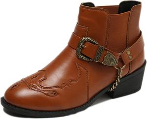 Женские ботильоны PURCHAWEE с металлическими цепочками, на толстом каблуке, кожа, слипоны, модные удобные ботинки Челси с шипами, противоскользящие, военные, Brown