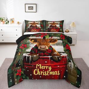 Erosebridal Комплект постельного белья с новогодним принтом для детей, красная клетка и изображение хайлендской коровы, Red Brown