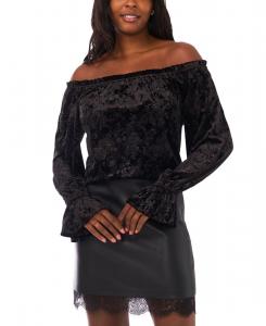 Женская бархатная блузка с оборками на воротнике, открытыми плечами и рукавами-колоколами Vince Camuto, Rich Black