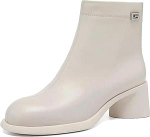 Женские ботильоны Chic&Comfort с боковой молнией, закругленным носком, массивным каблуком, круглым каблуком, из натуральной кожи, стиль ковбойских сапожек, для офиса и повседневной носки XU RI Happy Bird, White-Fabric Lining