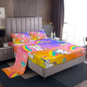 Erosebridal Комплект постельного белья с градиентным радужным принтом милых котят в стиле кавай, Orange Purple Blue