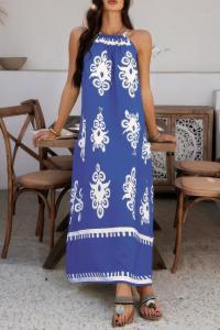 Платье-рубашка без рукавов на запах с геопринтом TRUEDAMES, синий