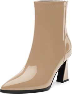 Женские ботинки с острым носком на высоком каблуке, укороченные ботильоны с боковой молнией, модные короткие ботинки из искусственной лакированной кожи для женщин RLYGHWAO, Nude Patent