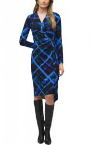 Короткое платье-халат с запахом в черно-синем разноцветном принте Joseph Ribkoff