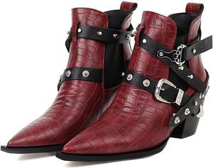 Женские ковбойские ботильоны AngryMonkey с заостренным носком, на толстом каблуке, из кожи, в западном стиле, с заклепками и пряжкой, большого размера до 15, Red