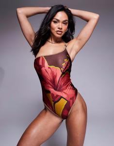 Коричневый купальник River Island с цветочным принтом на одно плечо