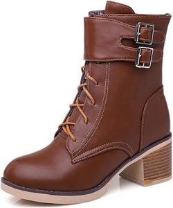 Женские классические ботильоны VOKLIN с пряжкой, круглым носком, шнуровкой, элегантные с молнией, средней высоты каблуки, короткие вестерн-босоножки, Brown-Velvet Lined