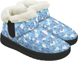 Женские зимние ботильоны без застежки для снега, легкие, теплые, с меховой подкладкой, противоскользящие, короткие уличные ботинки, размеры 4.5-12 Chririnla, Fashionable Blue Butterfly Print