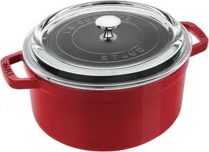 Круглая чугунная кокотница Staub with Glass Lid, 3,8 л, 24 см, вишнево-красный