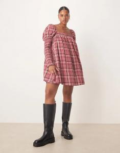 Мини-платье бэби-долл ASOS DESIGN Curve с квадратным вырезом и сборками в клетку