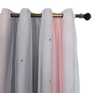 Шторы на люверсах, комплект из 2 шт., для спальни, детской комнаты, комнаты для девочек, плотные шторы с ажурными звездами и вуалью, 1,3*1,6 м, розовые с серым easy home