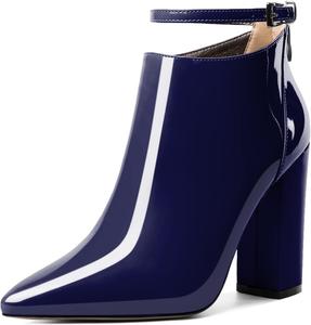 Женские ботильоны Soireelady с высоким массивным каблуком, заостренным носком, классической молнией, элегантные ботильоны на зиму с регулируемым ремешком на щиколотке, Patent Navy