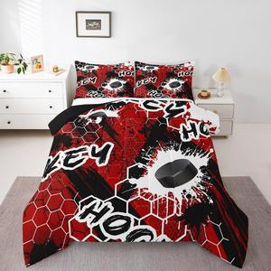 Erosebridal Комплект постельного белья Hockey с геометрическим узором в красно-черной цветовой гамме, спортивный дизайн для детской комнаты, Black Red