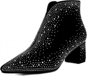 Черные блестящие ковбойские сапоги KOKOMOMO с кристаллами, замшевые, с заостренным носком, западного стиля, с массивным каблуком