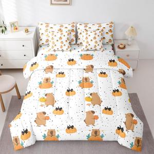 Erosebridal Комплект постельного белья Coastal Capybara с принтом тыквенных фонарей и морских животных в тематике Хэллоуина, Orange