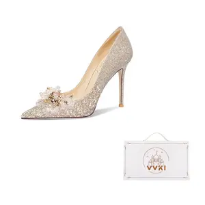 VVKI Золотые туфли на высоком каблуке для женщин с цветущей магнолией 10 см, цвет Golden Blooming Magnolia 10CM