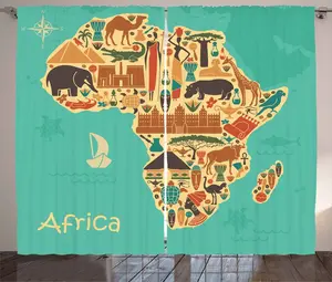 Штора ABAKUHAUS в африканском деревенском стиле, с изображением племенных символов Карта саванны, присборенная тесьма для спальни с петлями и крючками, 280 x 225 см, цвет Сиена жженая, бледно-желтая бирюза Abakuhaus