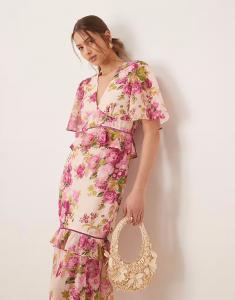 Платье миди Hope & Ivy с баской на талии и розовым принтом