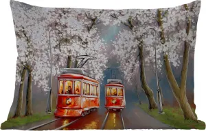 Подушка для улицы - Живопись - Картина маслом - Трамвай - Цветущее дерево - 60x40 см - Устойчива к погодным условиям - Подушка для отдыха - Декоративная подушка - Подушка для дома MuchoWow