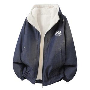 Пуховик Unisex с капюшоном, на флисовой подкладке, в стиле карго HUANQIU, denim синий