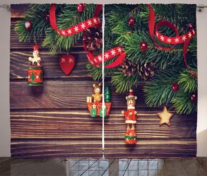 Рождественская деревенская штора ABAKUHAUS, винтажная игрушечная деревянная штора, универсальная, с петлями и крючками, для гостиной, 280 x 225 см, зелено-коричневый цвет Abakuhaus