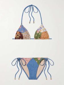 Бикини Lucky с треугольными чашечками из хлопка и шамбре с цветочным принтом в стиле пэчворк Zimmermann, мультиколор