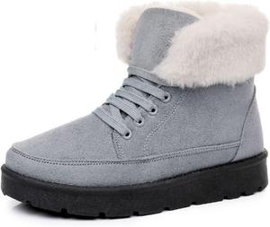 Зимние ботинки с меховой подкладкой для женщин и мужчин, теплые, на шнуровке, замшевые, на платформе, удобные, милые, противоскользящие, на плоской подошве, термоботинки для повседневной носки и прогулок на улице Generic, серый