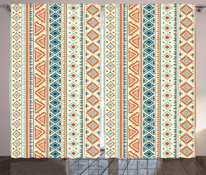 Штора ABAKUHAUS в деревенском стиле, с мексиканским ацтекским узором, присборенная тесьма для спальни с петлями и крючками, 280 x 175 см, цвет слоновой кости, оранжевый и синий Abakuhaus