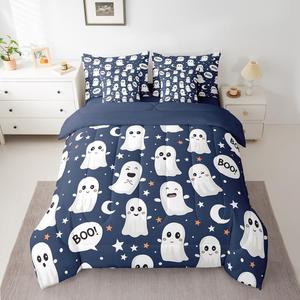 Erosebridal Комплект постельного белья Happy Halloween с милым принтом привидений в синем цвете, White Blue