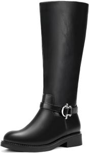 Женские высокие сапоги до колена с широкой голенью с боковой молнией, платформой из ПУ-кожи, круглым носком и модной пряжкой DOBOLIN, Black