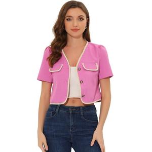 Куртка с контрастной отделкой для женского однобортного пиджака с V-образным вырезом и короткими рукавами ALLEGRA K, розовый