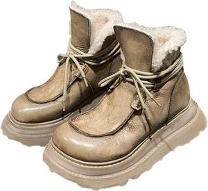 Женские кожаные пушистые ботинки на щиколотку для снега, с плюшем, теплые, для зимы, классические и универсальные GBGRHM, Light Beige
