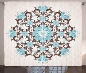 Коричнево-синяя штора в деревенском стиле от ABAKUHAUS, Мандала Антик, универсальные ленточные шторы для гостиной с петлями и крючками, 280 x 245 см, цвет коричневая умбра и небесно-голубой Abakuhaus