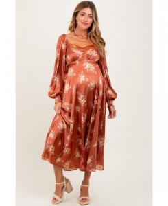 Платье миди для беременных из ржаво-коричневого атласа с цветочным принтом и рукавами-пузырями Pinkblush, Rust