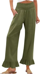 Льняные брюки Women Plus Size летние широкие с присборенной талией и оборкой по низу