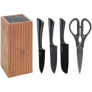 Блок ножей WENKO «Модель Mera с набором ножей и ножницами», 5 предметов, нержавеющая сталь и копченый бамбук, сертифицирован FSC, темно-коричневый